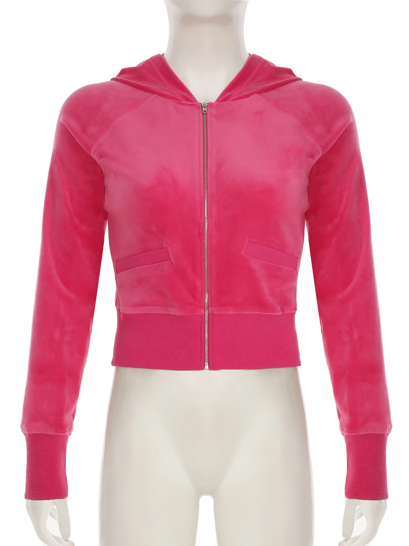 Rockmore Y2k Zip Up Cropped Hoodie Solid Velvet Goth Jacket Aesthetic Vintage Slim Autumn Coats Retro 2000s Long Sleeve Top Chic 250809