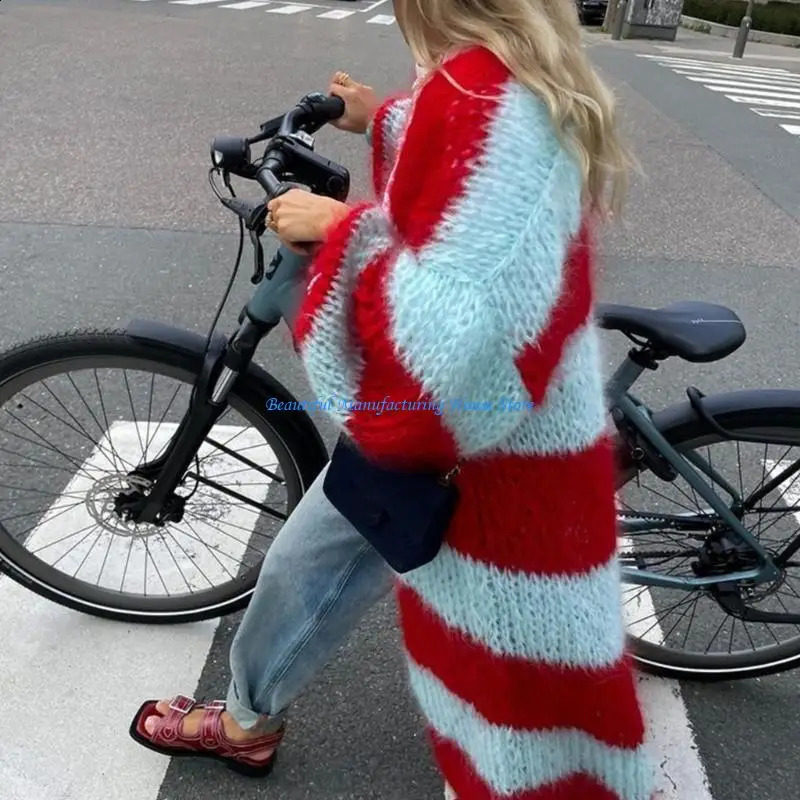 E56A Women Striped Long Cardigan Sweater Coat Open Front Contrast Slouchy Outerwear 250804