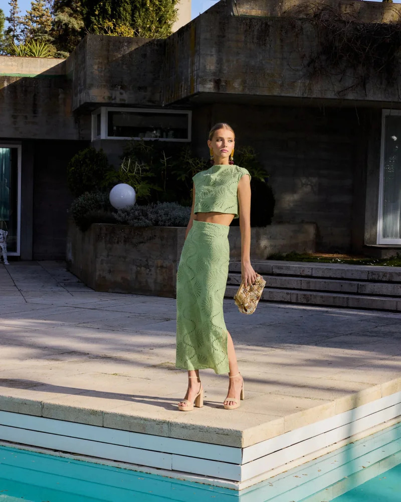 ETJ TRAF womens elegant and gentle hollow y round neck jacket high waist slit skirt fashion casual suit 250811