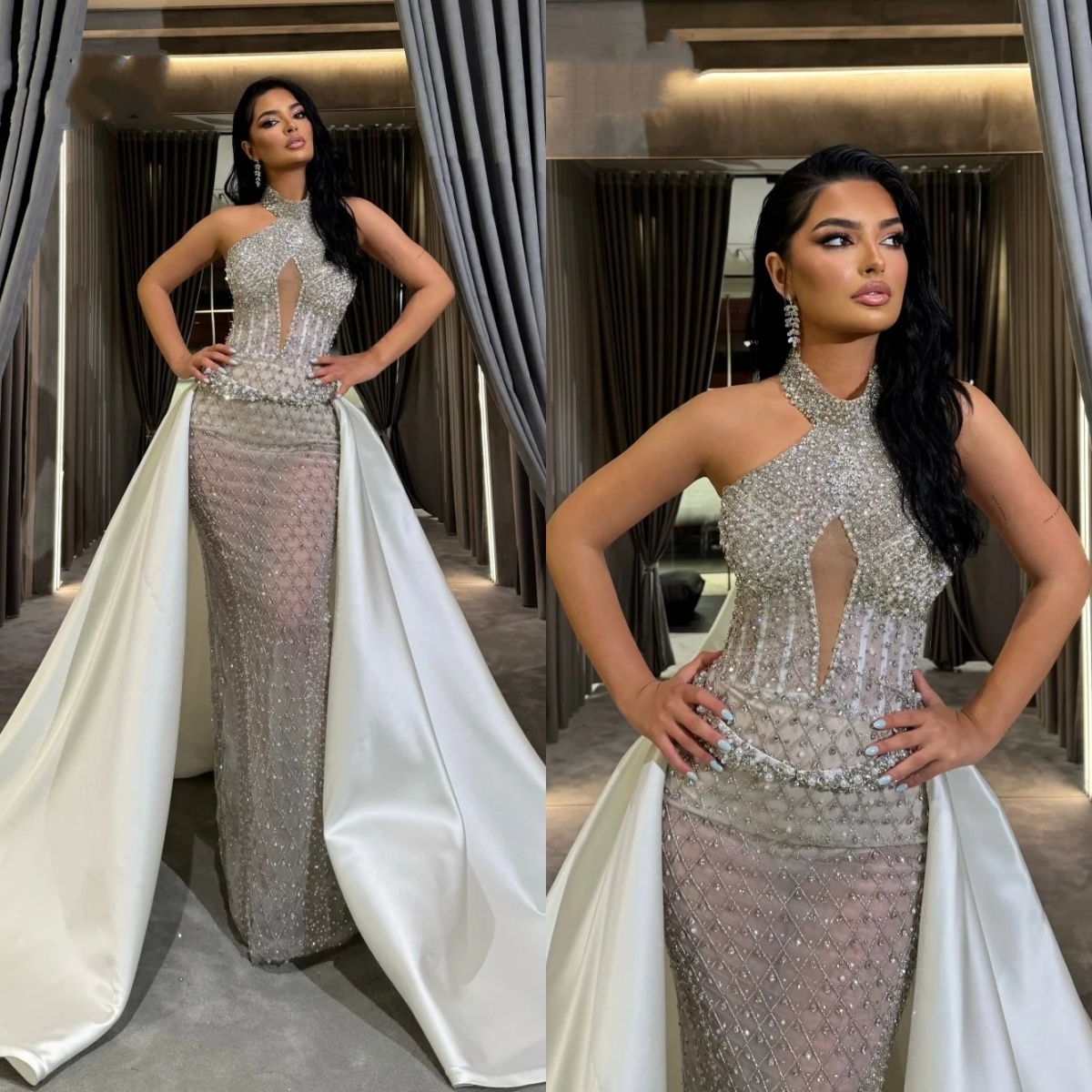 Gorgeous Wedding Dresses High Neck Bridal Gowns Overskirts Pearls Rhinestone Sleeveless See Through Mermaid Customized Vestidos De Novia Plus Size