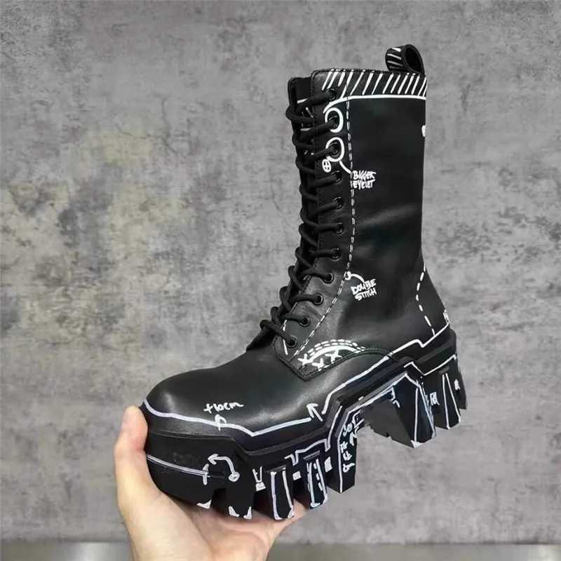 Thick Bottom Men High Top Boots Fashion Men Lace Up Black Boots W250811