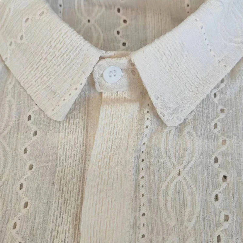 Shirts for men Apricot Handsome Lapel Men Blouse Vacation Hollow Out Sexy Fashion Men Clothing Male Mesh Long-sleeved Shirts 250811