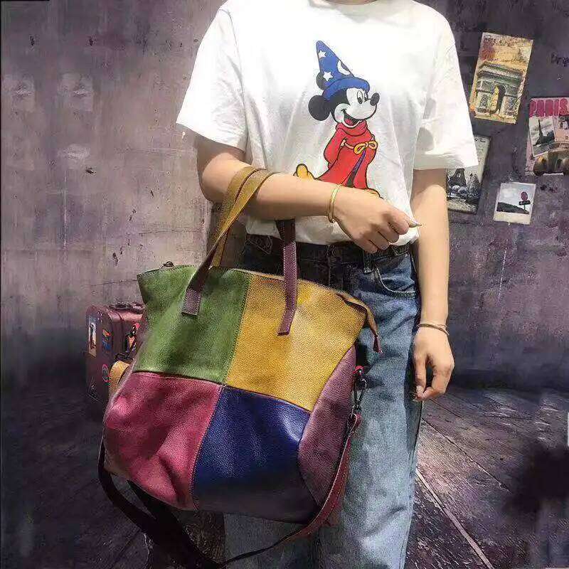 Oversized Cow Genuine Leather Patchwork Big Capacity Overnight Weekender 2025 Women Designer Slouchy Crossbody Bag