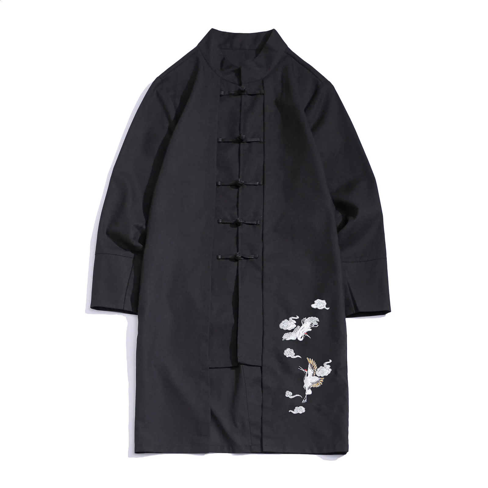 China Style Black Men Long Jacket Single Breasted Standing Collar Embroidered Trench Coat Asian Size M5XL 250729