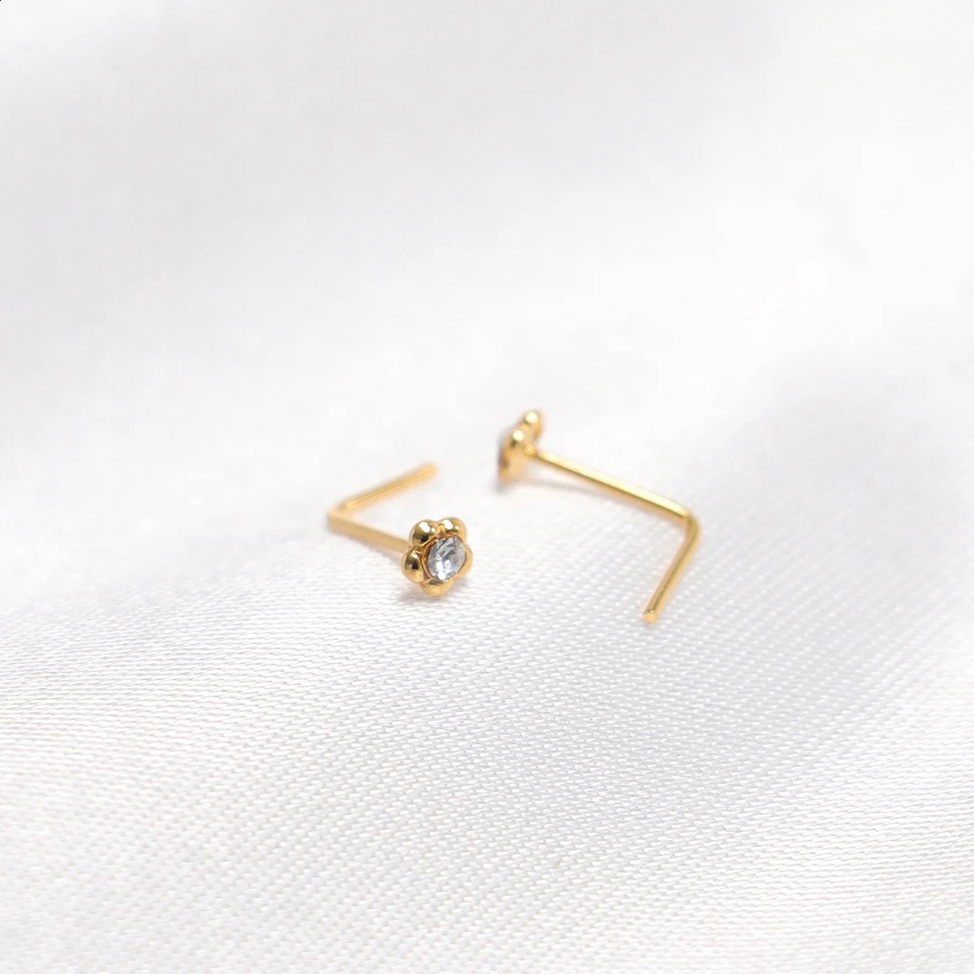 10pcs/lot Nose Studs L Shaped Clear Crystal 925 Sterling Silver Nose Piercing Stud Flower Nostril Jewelry color Gold 250807