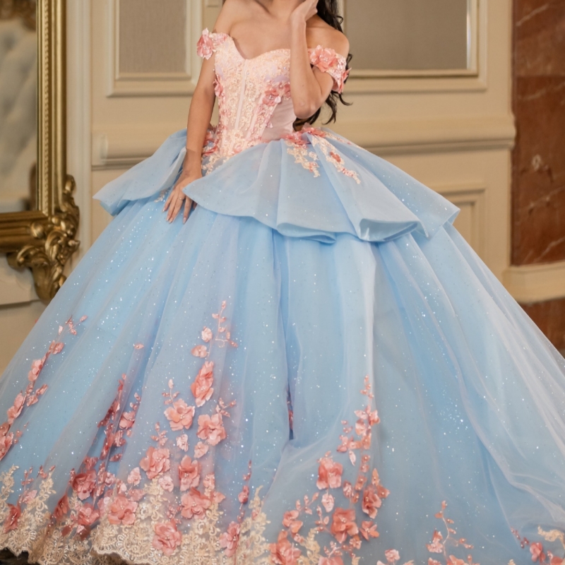 Sky Blue Shiny Quinceanera Dresses Off The Shoulder Applique Flower Beading Tull Party Birthday Ball Gown Vestidos De 15 Anos Sweet 16 Dress