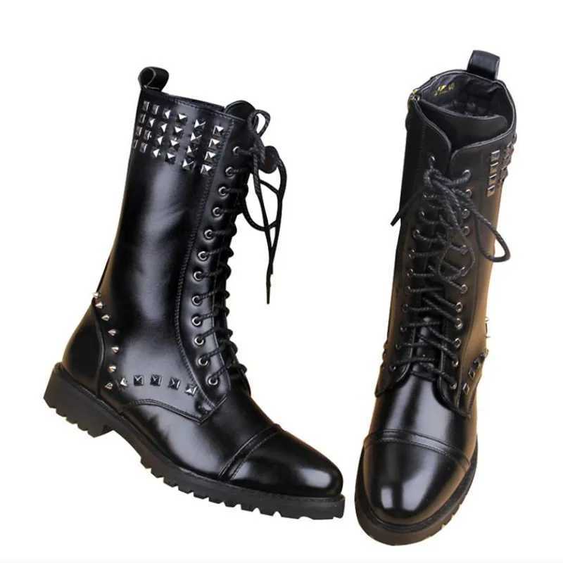England Style Boots Black Punk Motorcycle Boots For Men PU Leather Zipper Buckle Strap Warm Snow Boot Riveted Mens Boots W250811
