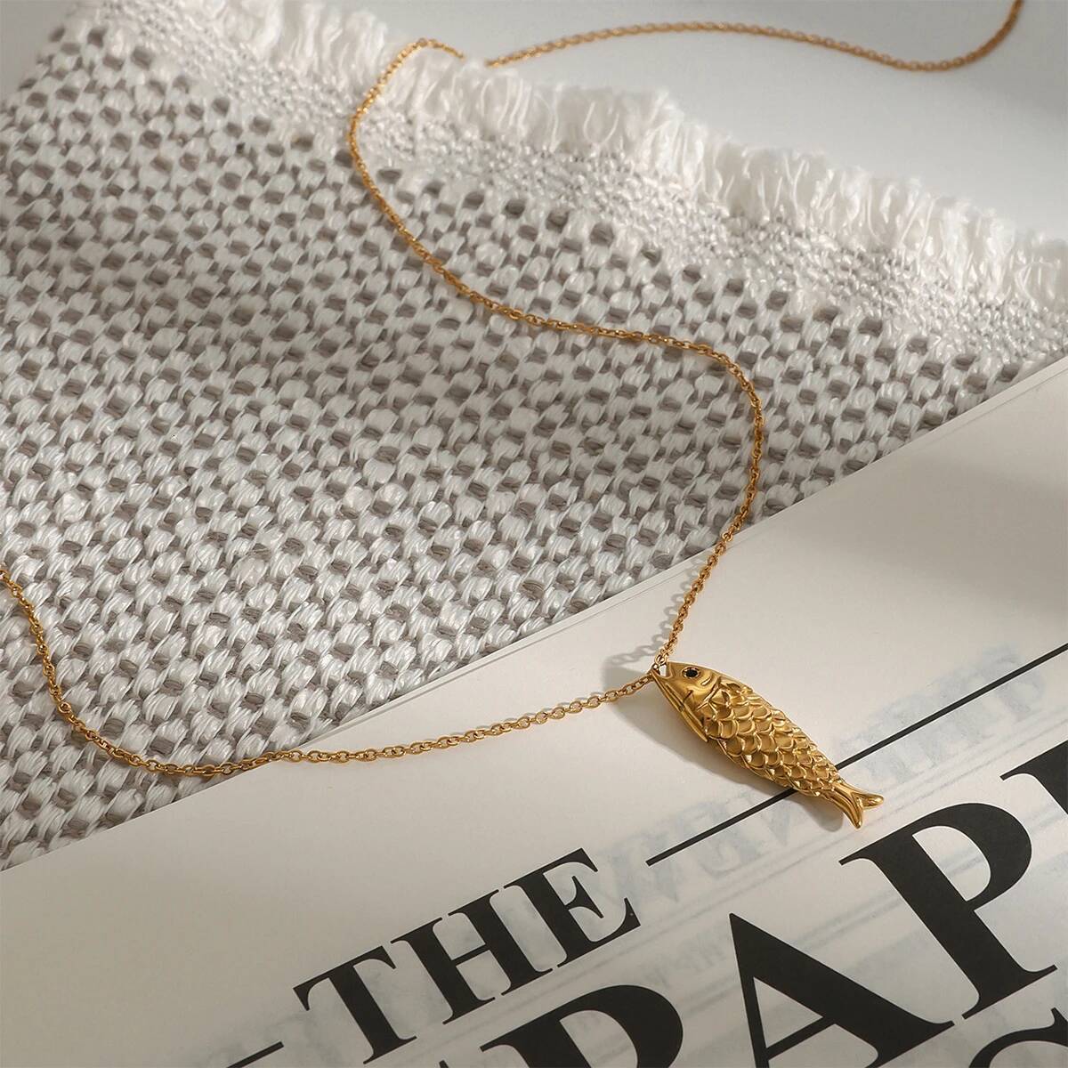 Uworld Minimalist Gold Color Plated Stainless Steel Carp Black Zirconia Fish Pendant Necklace Women's Jewel Jewelry for Women