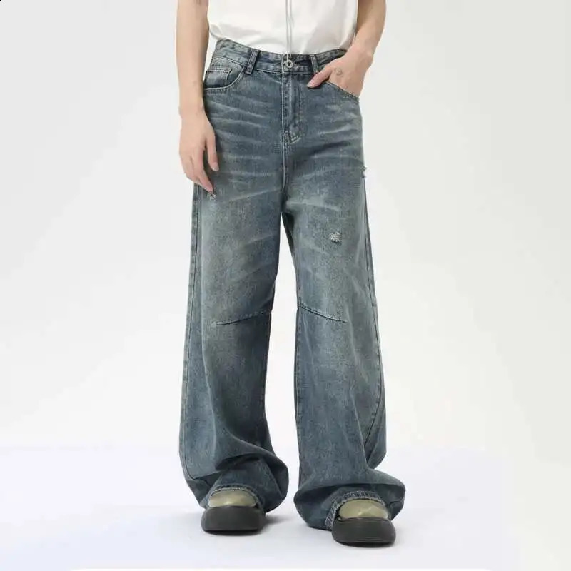 IEFB American Style Mens Denim Pants Washing Fashion Loose Mens Straight Trousers Casual Wide Leg Jeans Summer 9C6303 250805