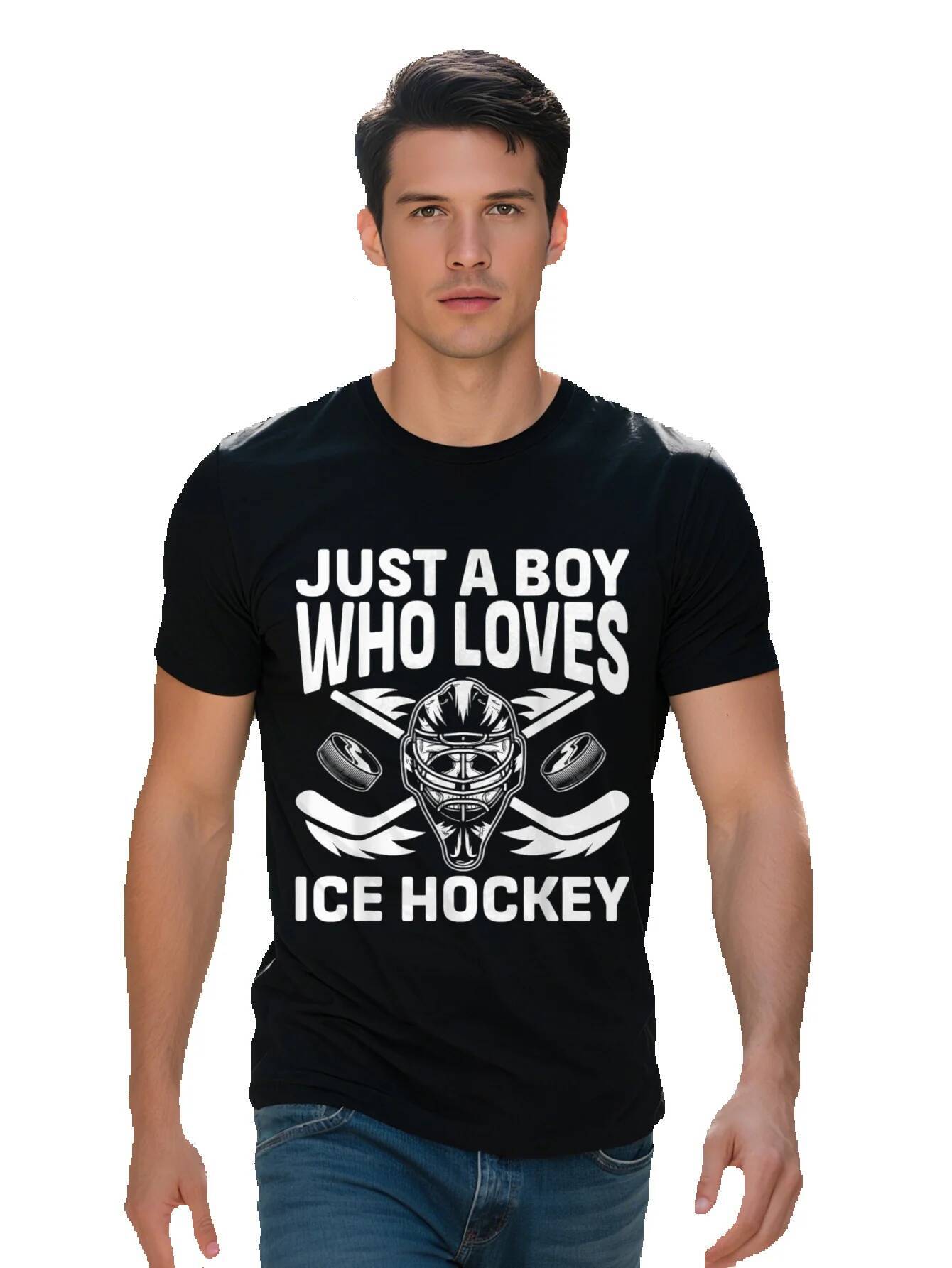 Men s Cotton T-Shirt Just a Boy Who Loves Ice Hockey Design Short Sleeve Crew Neck Black with Goalie Helmet c0df4