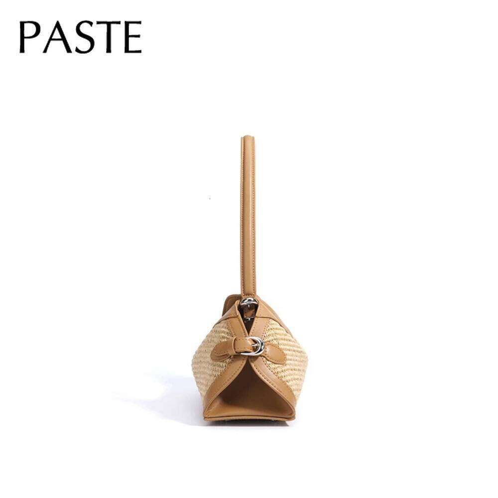 Leisure Handmade Woven Grass Weaving Summer Beach Tote Bag All-match Straw+ Split Leather Long-handle Women Handbag Hit-color