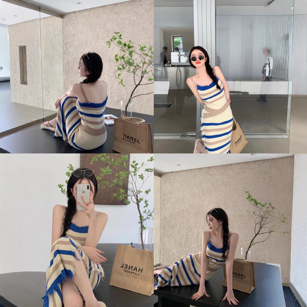 B6V145 Summer Ice Silk Long Skirt Hot Girl Striped Suspender Dress Women's Slim Fit Knitted High Waist Long Hip