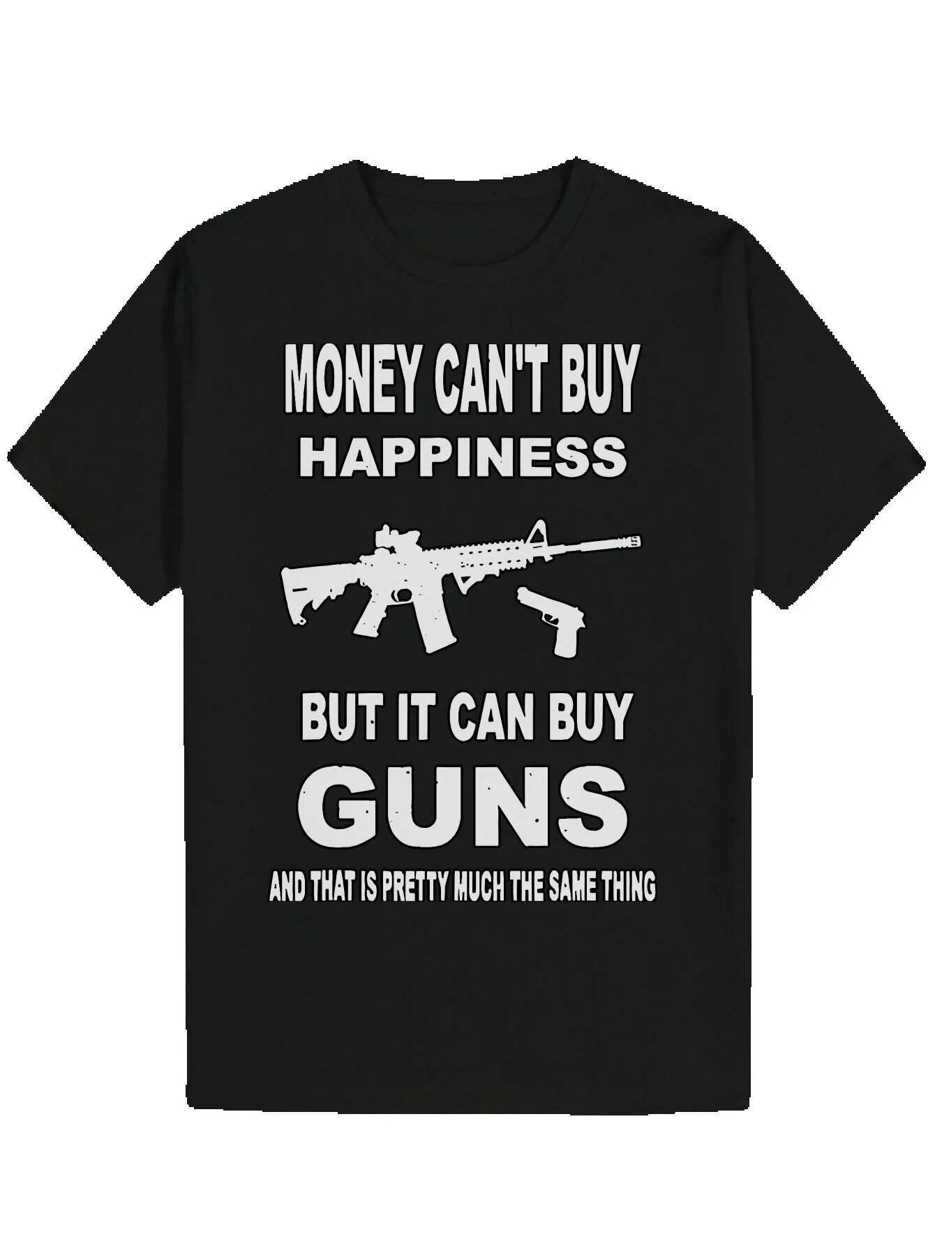 Round Neck Polyester with "Money Can't Happiness, But It Can Buy Guns" Print, Summer Men's Short Sleeve T-Shirt, Everyday T-Shirt 