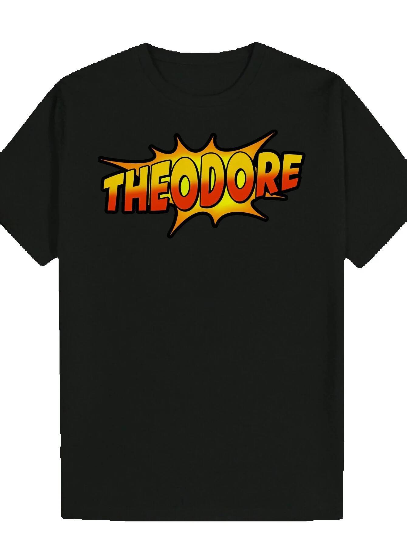 Men's Summer Casual Graphic T-Shirt - Bold THEODORE Cartoon Letter Print, Black, Red, and Yellow Design, Lightweight Polyester Fiber, Regular Fit