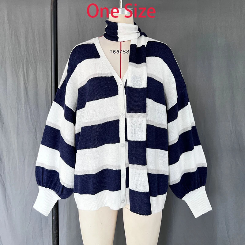 TARUXY Fashion Striped Sweater Cardigan With Scarf Female Loose Thin Hollow Knitted Top Lantern Sleeve Contrast Color Retro Top 250804