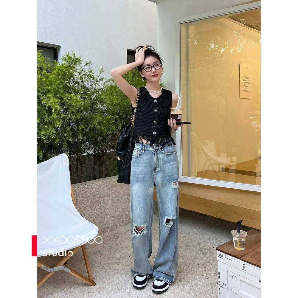 Denim Long with Drill Chains Straight Wide-leg High Waist Ripped Jeans for Women Summer Thin Side Slit Pants