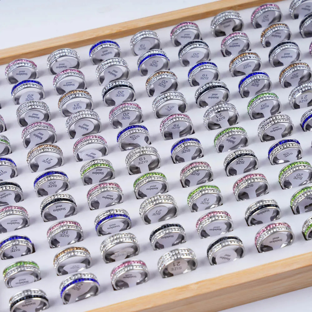 20pcs/Lot Fashion Multi Layer Rhinestone Stainless Steel Rings For Women Men Mix Color Party Gifts Jewelry 250807