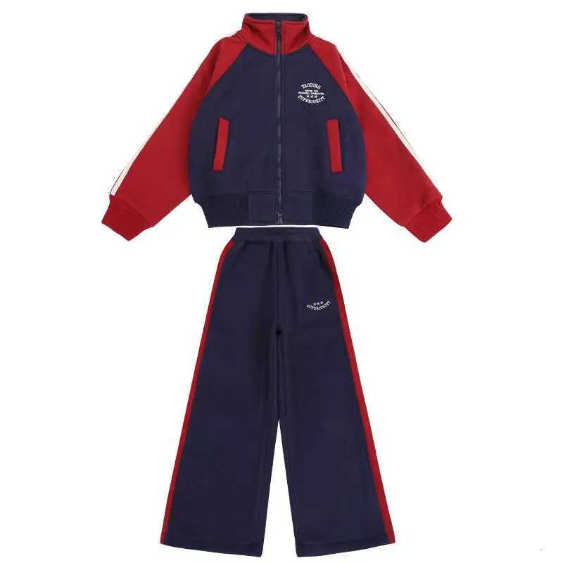 Girls Autumn Winter Set New Childrens Color Blocked Plus Velvet Zipper Cardigan Sweatshirt Casual Sports Pants Two-piece Set Z250811