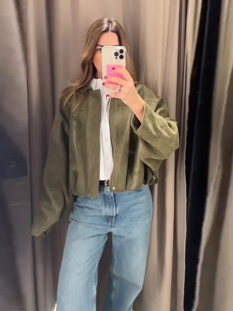 Brown Green Suede Jacket Women Lapel Zipper Long Sleeve Pockets Bomber Coat 2025 Spring Autumn Lady Loose Motorcycle Outwears 250805