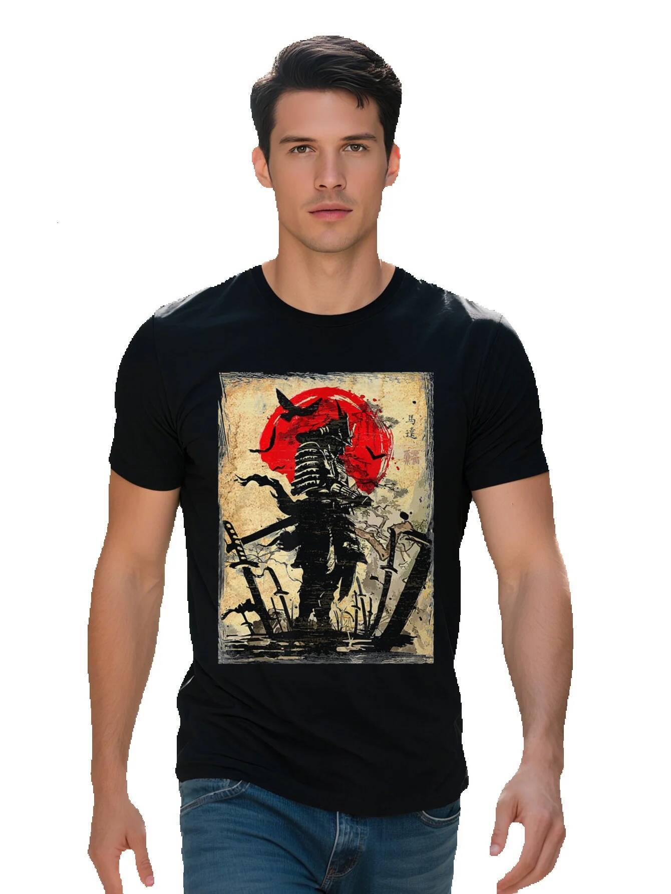 Cartoon Warrior Pattern Men's Casual Stretch Round Neck T-shirt for Spring Summer 4b843