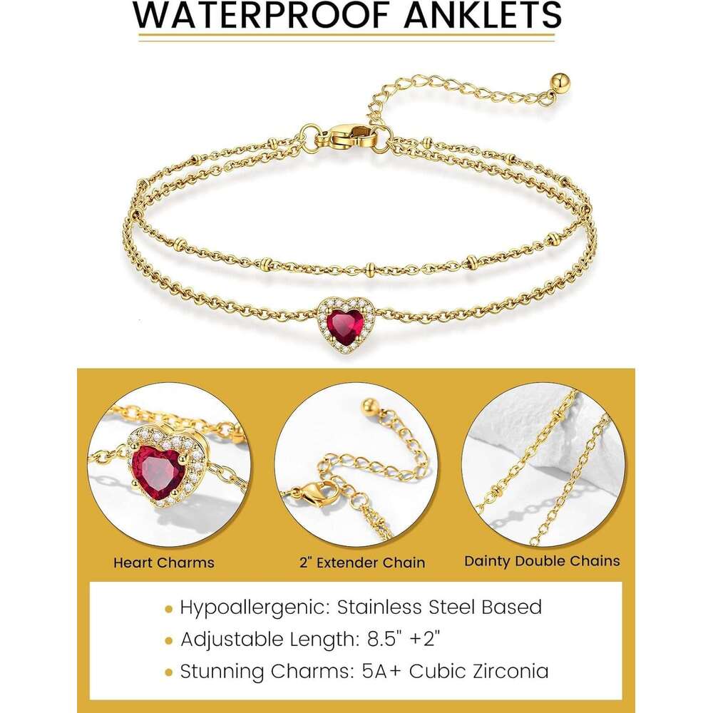 Stainless Steel Anklets Women with Birthstone - Adjustable Gold Ankle Bracelets for Beach Weddings, Summer Vacations & Pool Parties (8.5"+2"