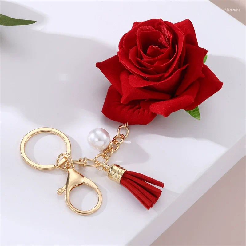 Red Rose Tassel Pearl Pendant Keychain Fashionable And Personalized Sweet Style Ladies' Bag Car Key Chain Accessory