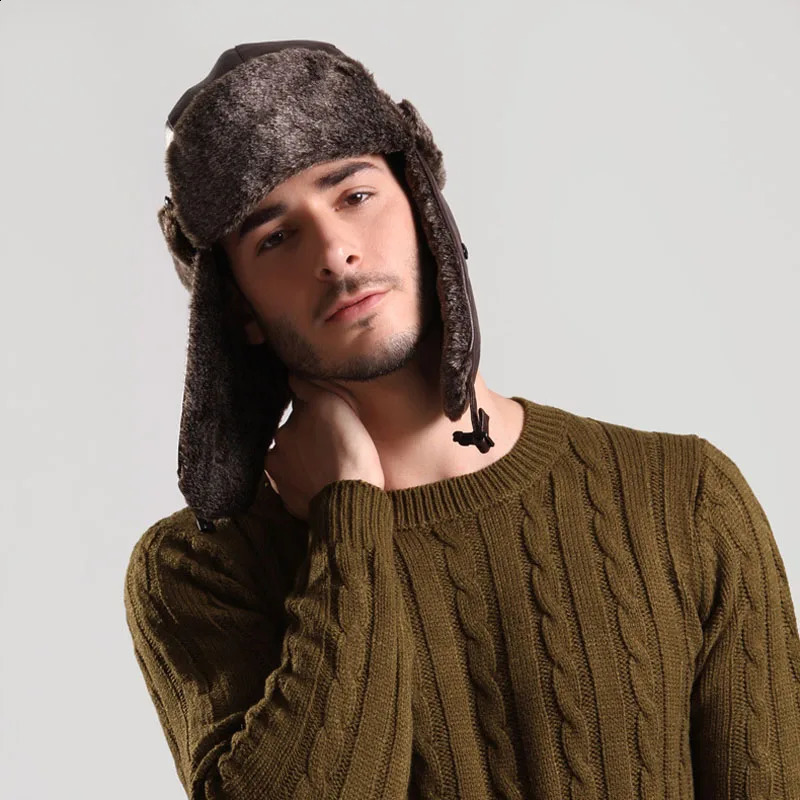 Bomber Hat with Ear Flaps Mens Winter Faux Leather Fur Russian Earflap Trapper Cap Fleece Beanie for Men 250724