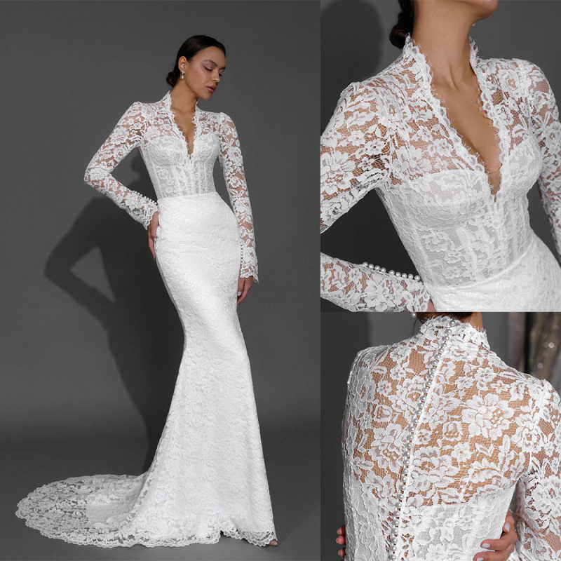 Classic V Neck Mermaid Wedding Dresses Pearls Button Long Sleeve Bride Dress Sheath Lace Sweep Train Bridal Dress Customized
