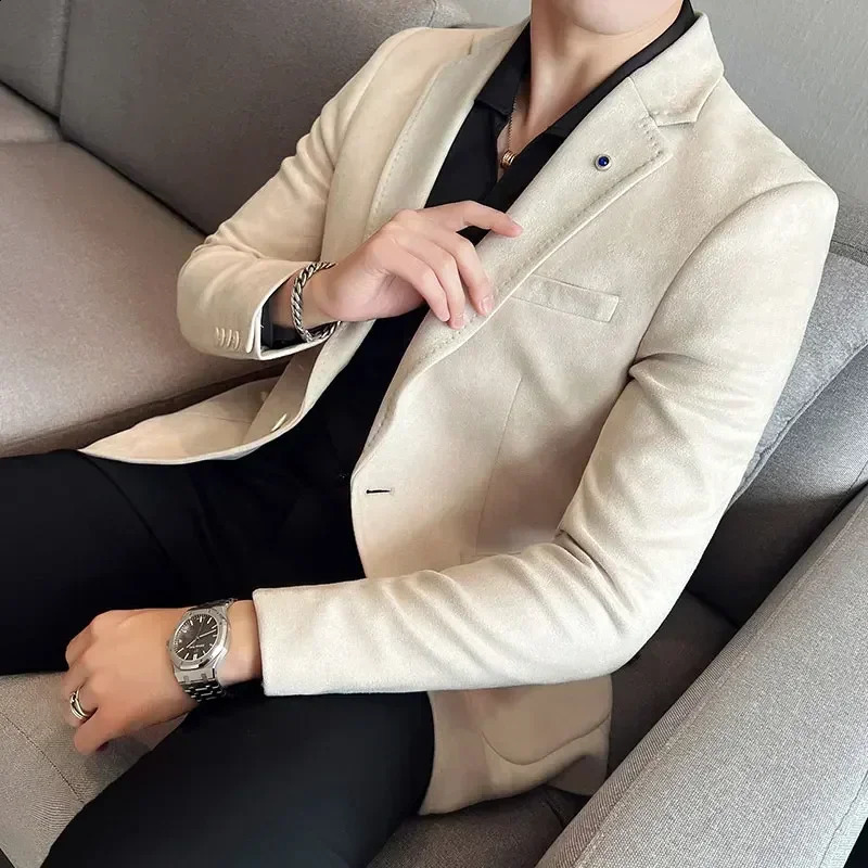 Fashion High Quality Suede Men Blazer Korean Slim Business Casual Suit Jacket Coat Dress Party Dark Green White Costume Homme 250811 - view 5