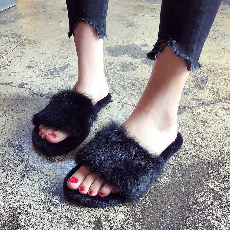 Women Autumn Winter Casual Fur Slippers Flat Non-slip Solid Real Fox Slides Fluffy Ladies Shoes XJ250811