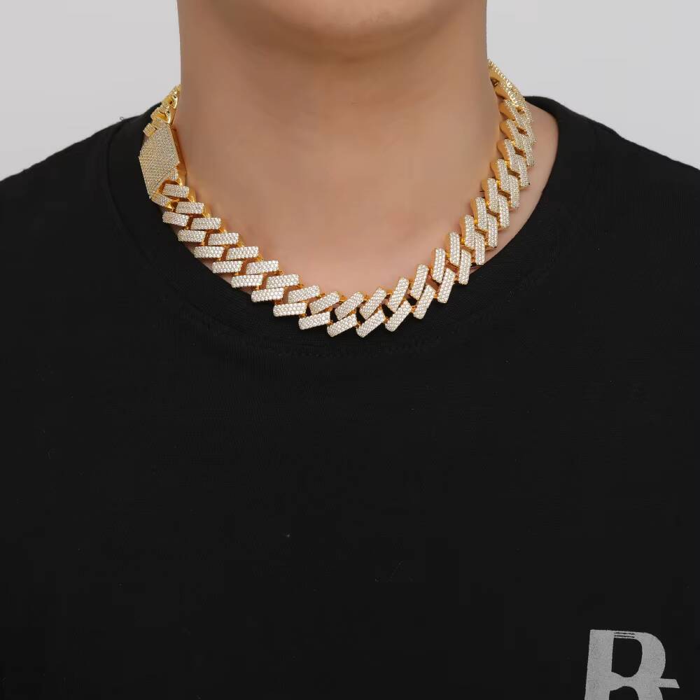 BC020 18mm Iced Out Brass Prong Setting CZ Cuban Chain Necklace Cubic Zircon Bling Jewelry Mens Necklace Chain