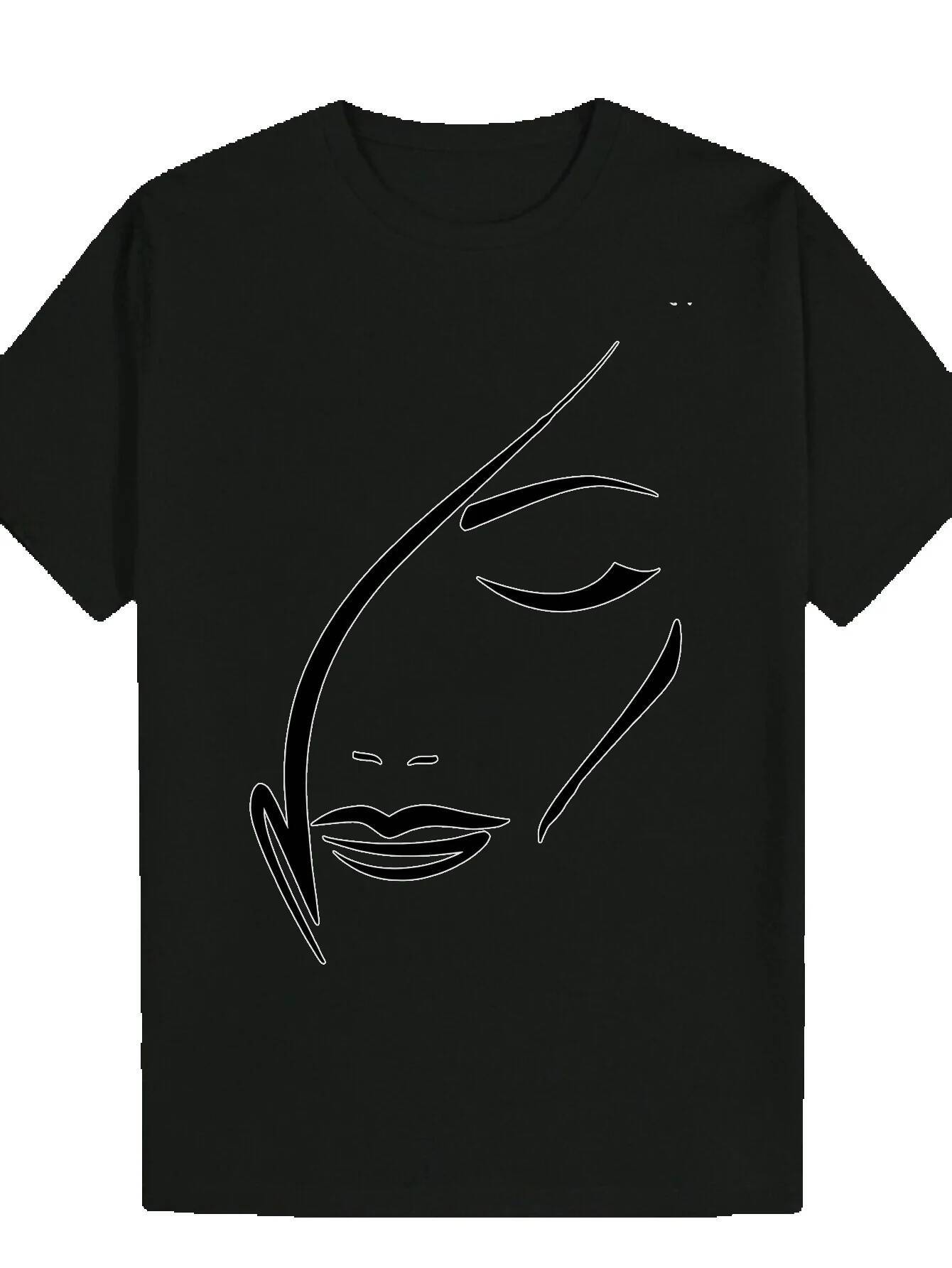 Men's Summer Casual Crew Neck T-Shirt - Black with White Portrait Pattern, Breathable Polyester, Regular Fit, Machine Washable