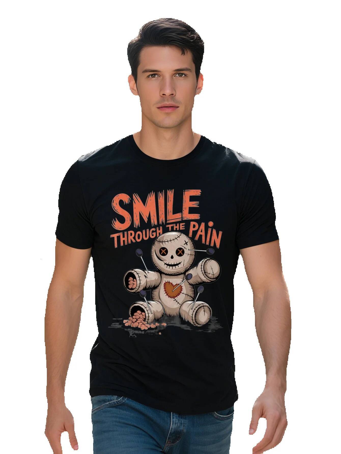 Men s Smile Through The Pain Voodoo Doll Graphic T Shirt Cotton Black Casual Crew Neck Tee with Unique 9b369 171bd