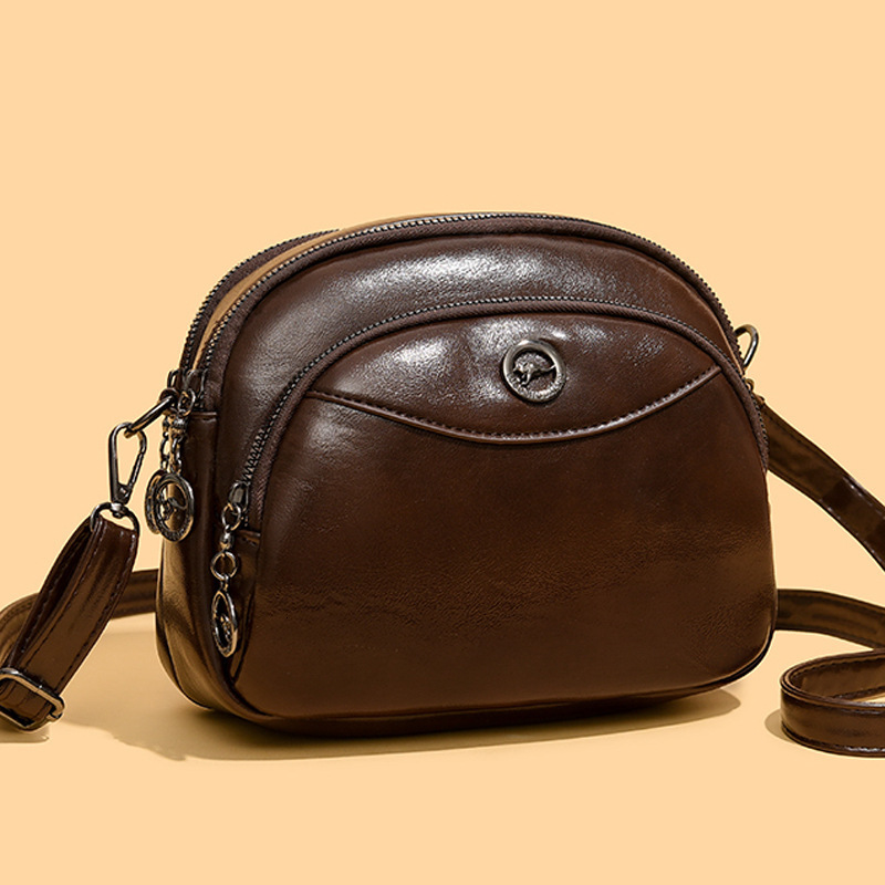 Oil Wax Leather Small Round for Women, New Simple Versatile Three-Layer Large Capacity Shoulder Crossbody Bag ddmymoon