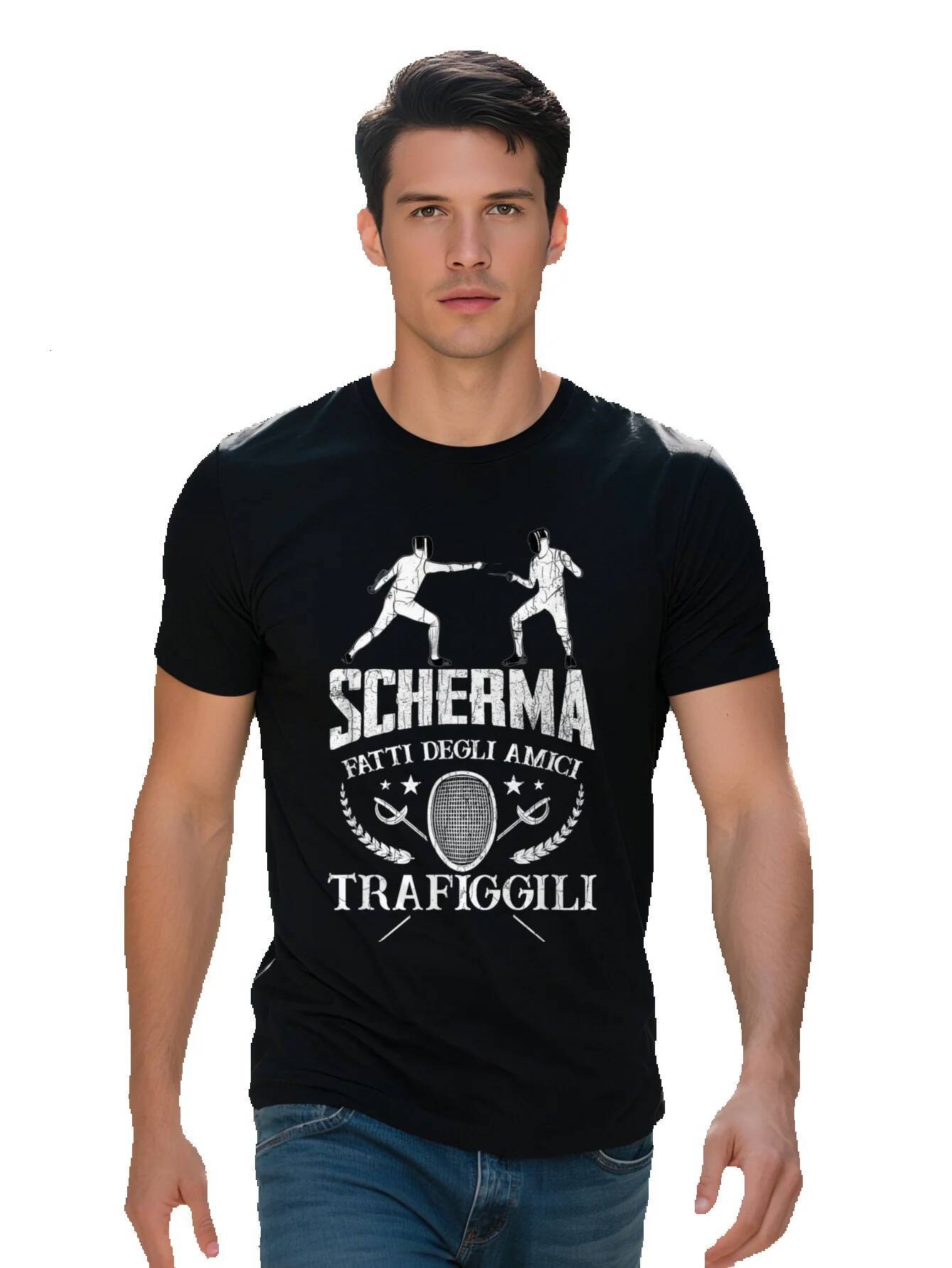 Men s Italian Graphic T Shirt Cotton Black with White Gray Print Funny Fencing Design Casual Crew c538e 37d5a