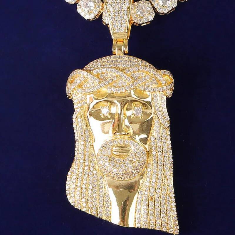 No Chian Religious Jesus Head Pendant Mens Hip Hop White Gold Plated Jewelry