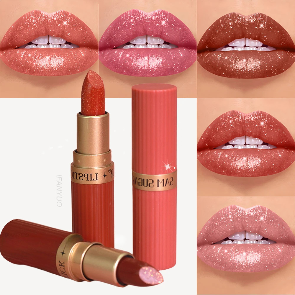 Chocolate Brown Luxurious Metallic Glitter Lipstick Long-Lasting Waterproof Non-Fade Shimmery Pearl Sparkling Lip Gloss Makeup 250809