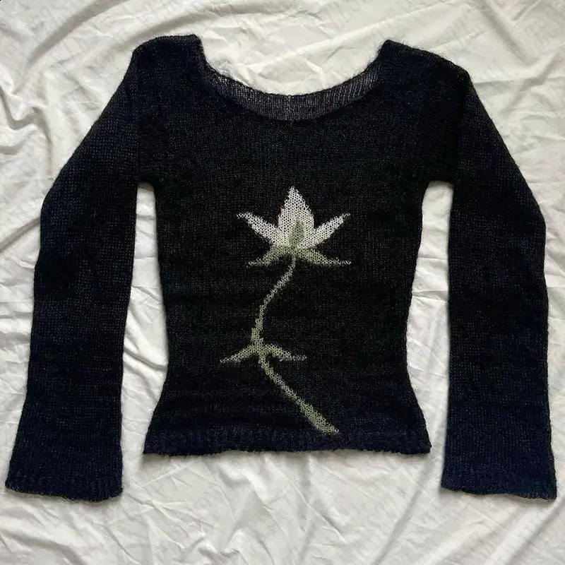 EMO Y2k Knitted sweater Flower Aesthetics Graphic Print Punk Streetwear Long sleeve Top Slim Rock Gothic Vintage Knitt Pullover 250811