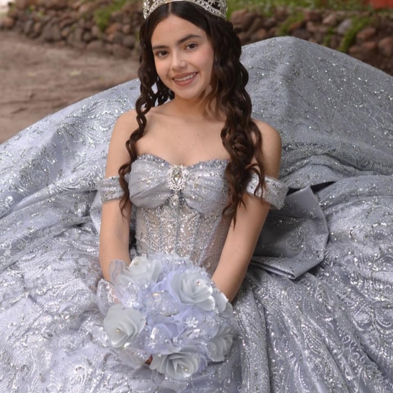 Gray Shiny Quinceanera Dresses Off The Shoulder Sequin Applique Lace Beads Bow Tull Party Birthday Ball Gown Vestidos De 15 Anos Sweet 16 Dress