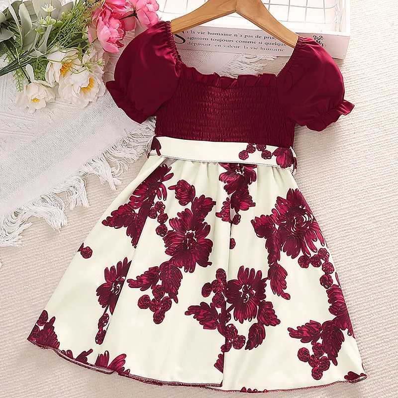 4-7 Years Summer Girls Puff Sleeves Print Dress Four Colors Available Vintage Princess Wedding Party Gift Costume W250811