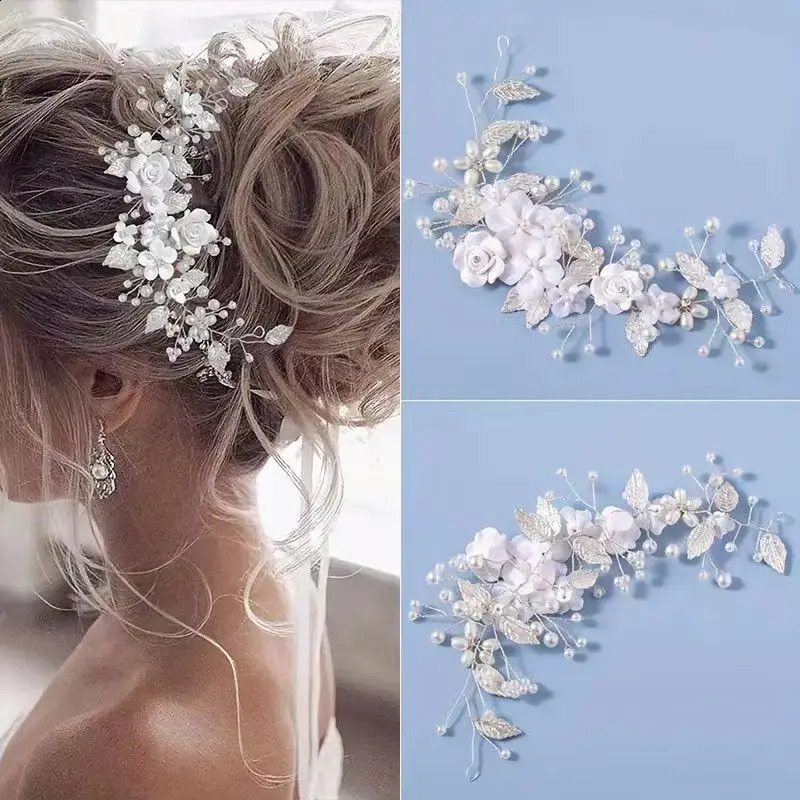 Bride Ceramic Flowers Wedding Headband with Crystal Pearls Bridal Hairband Womens Hairpin Stylish Headpiece Hair Jewelry Access 250804