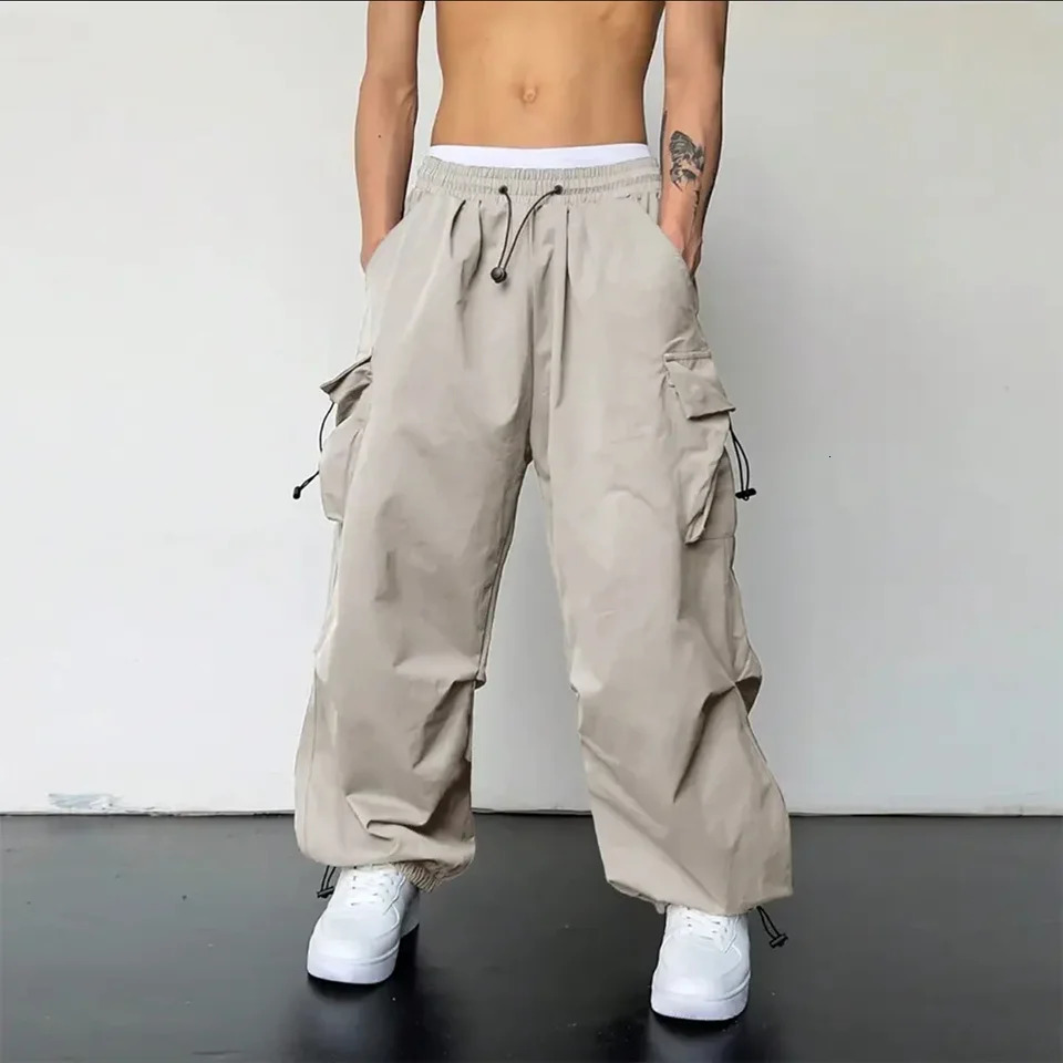Spring Summer Fashion Casual Pans For Men Streetwear Solid Color Cargo Pants Elastic Waist Wide Leg Harajuku Casual Mens Jogger 250811