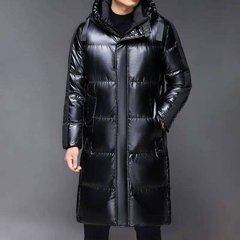 Mid Length Warm White Duck Down Jackets Winter Men's Black Bright Hooded Long Puffer Coats Outwear Windproof Thicken Tops Parkas