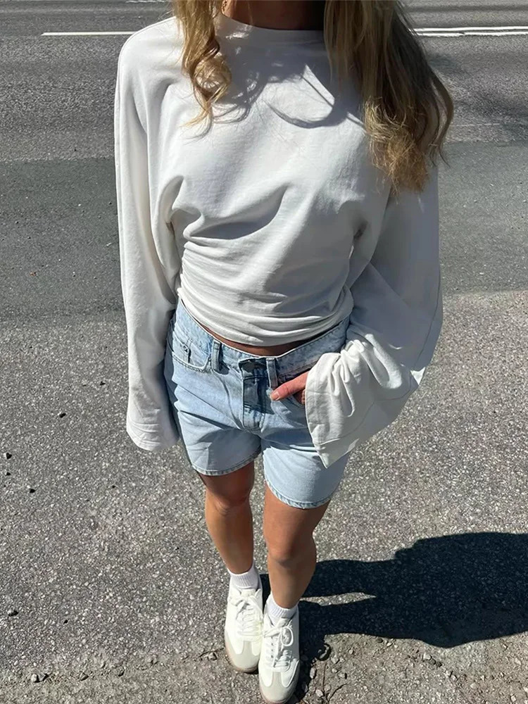 Trendix Basic Long Sleeve Crop Tops Women Summer O Neck Loose Casual Solid Pullover Top Ladies Street Party Club Fashion T Shirt 250811