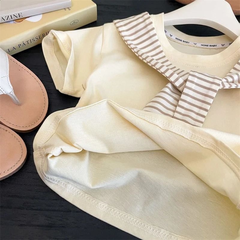 Girls Suit Summer Short-sleeved T-shirt With Stripes ShawlsPants 2Pcs Outfits Kids Casual Clothes Childrens Fashion Sets 1-12Y 250811