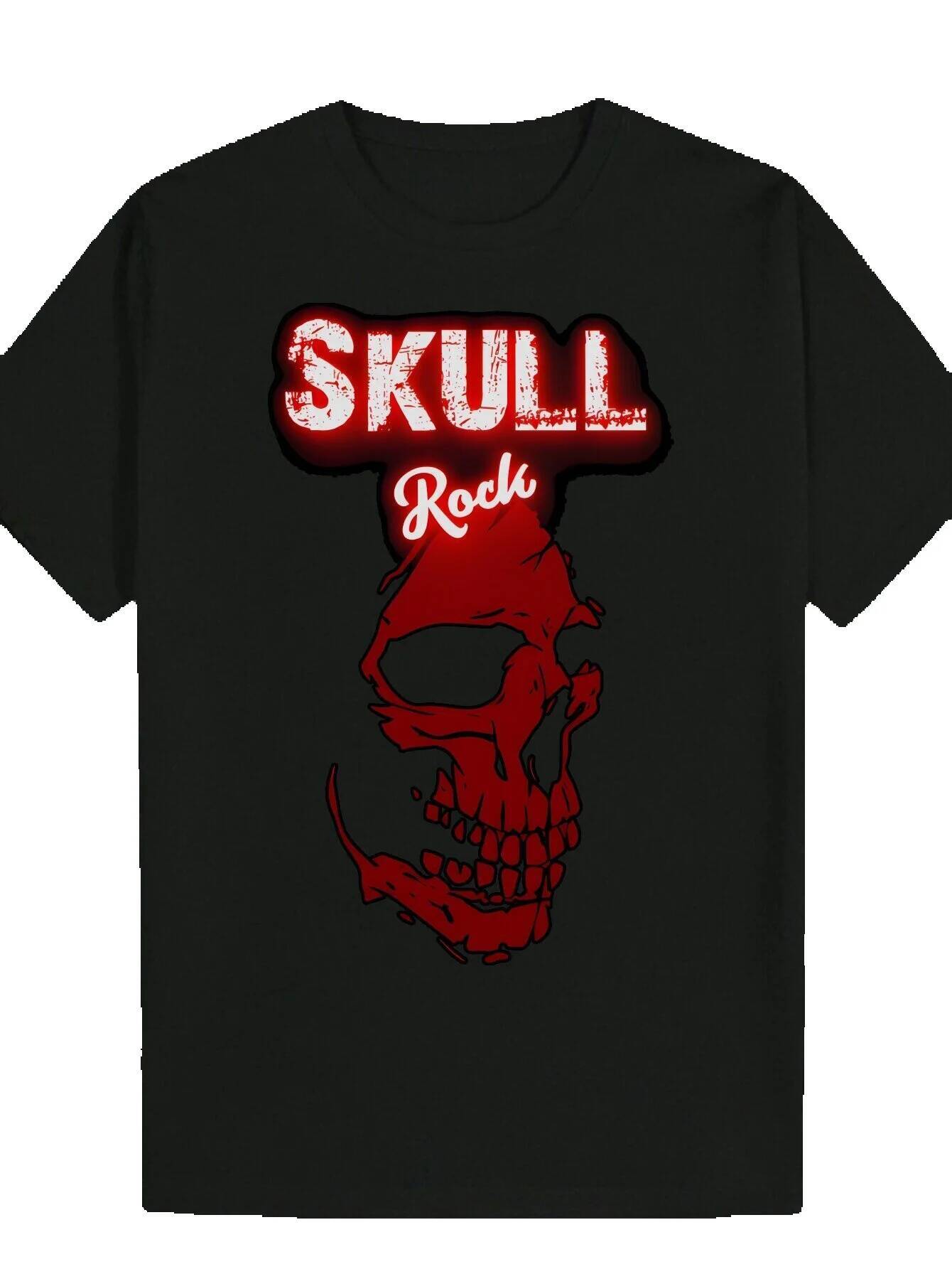 Men's Black Summer T-Shirt, Bold 'Skull Rock' Letter Print - Round Neck, Short Sleeve, Polyester Knit Fabric, Machine Washable, Everyda