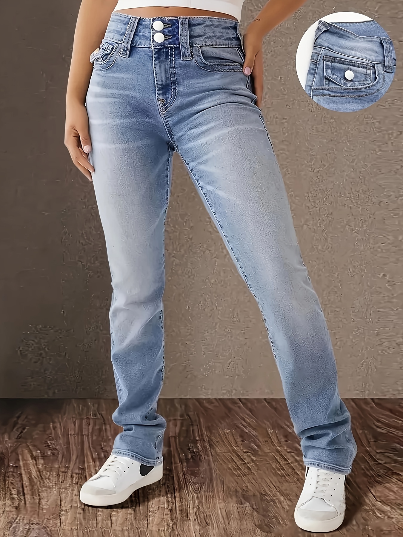 Women's Jeans Double Button Straight Leg Pants for Women - Comfortable Pocket Flap Design