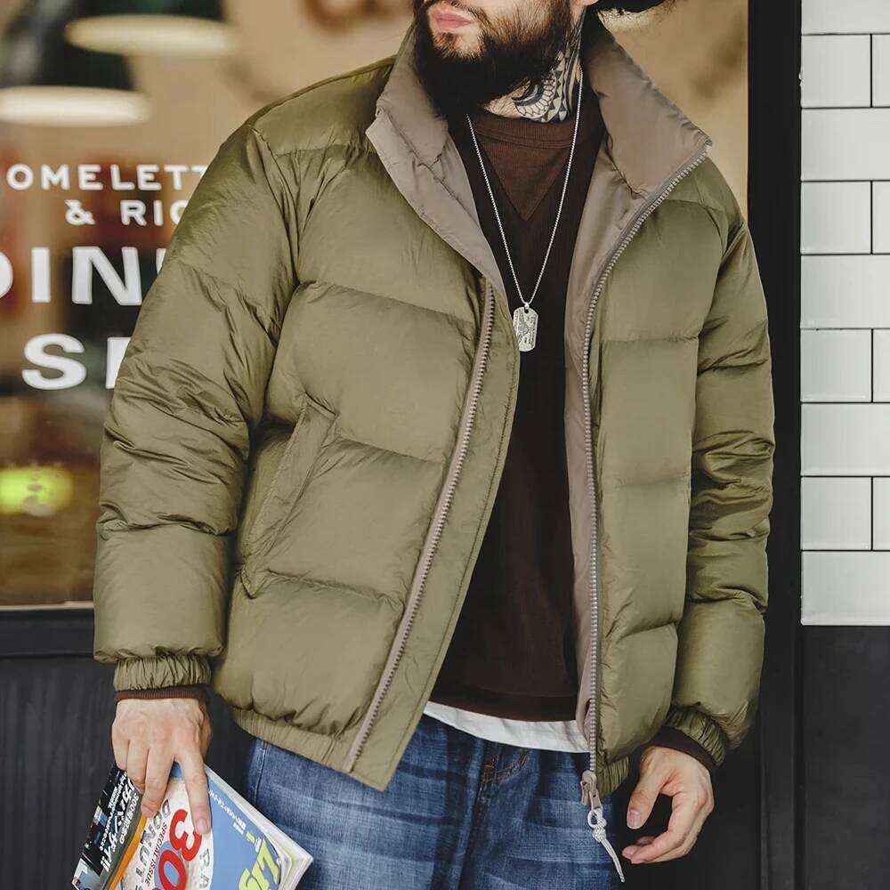 Maden Winter Reversible for Men White Duck Down Filling Versatile Stand-up Collar Warm Coat Mens Solid Color Jacket
