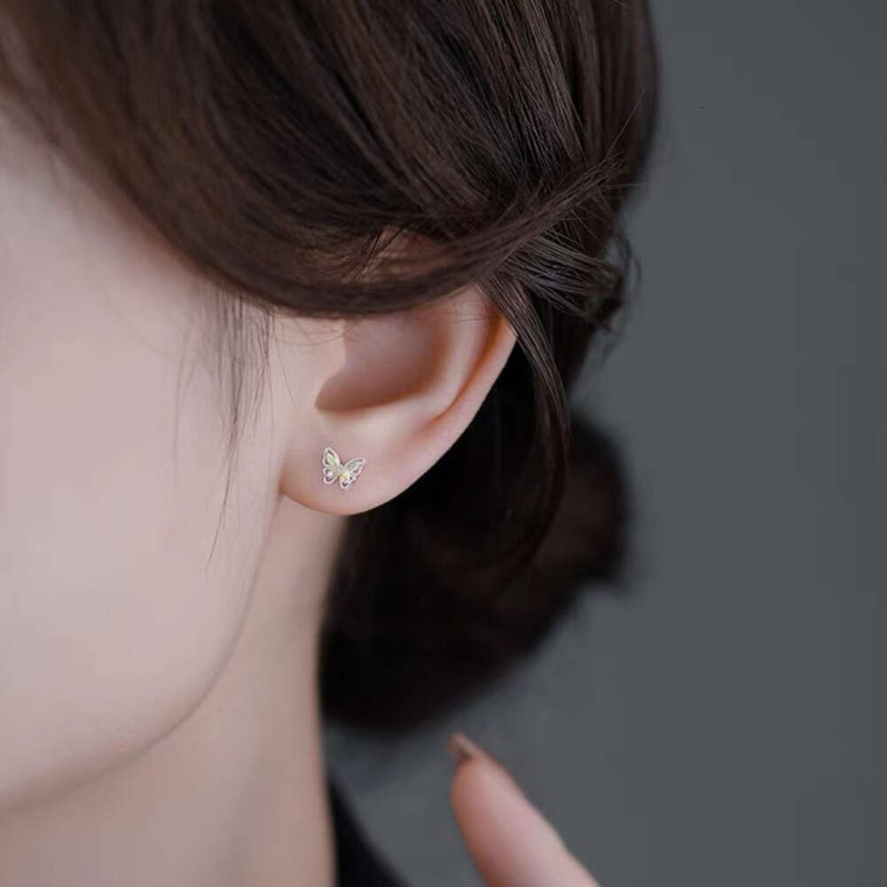 Pure Sier Sweet Pink Blue Hollow Butterfly for Women Exquisite Small Colorful Zircon Earrings Niche Ear Jewelry Trend