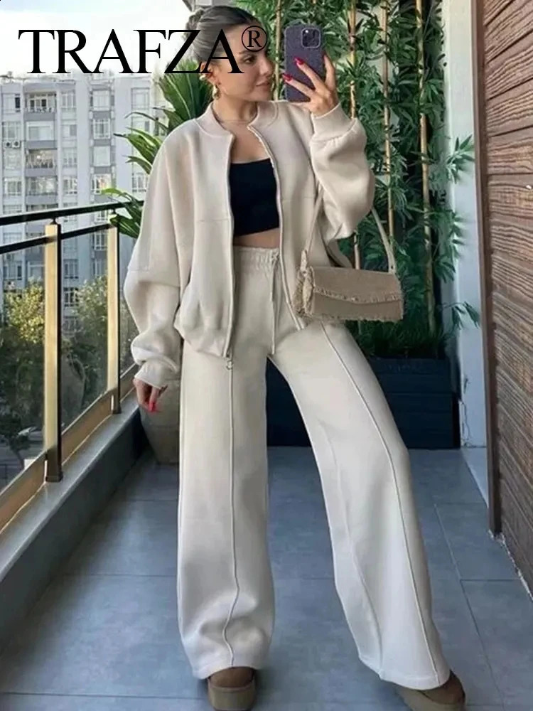 TRAFZA Bomber Jacket Pant Set For Women Casual Long Sleeve Zipper Coat Vintage Solid Sweatshirt Suit Autumn Woman Streetwear 250805